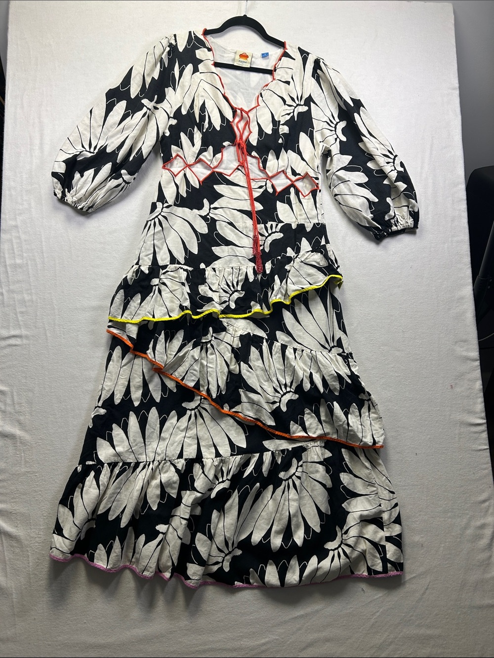FARM Rio Black & White Floral Maxi Dress with Color-Trim Accents